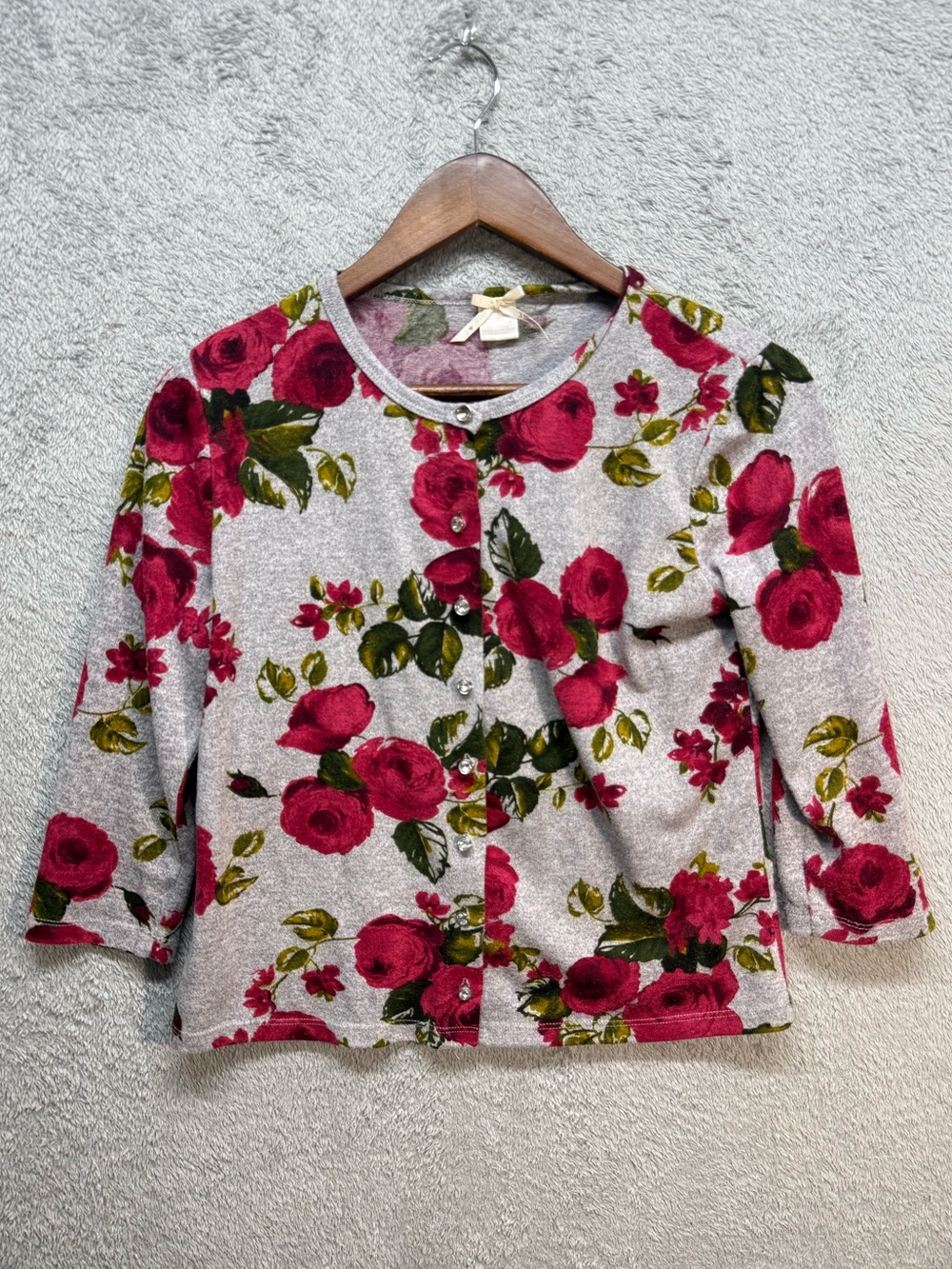 3 Sixteen Gray Red Floral Rose Button Down Cardigan Sweater 3/4 Sleeve Size L